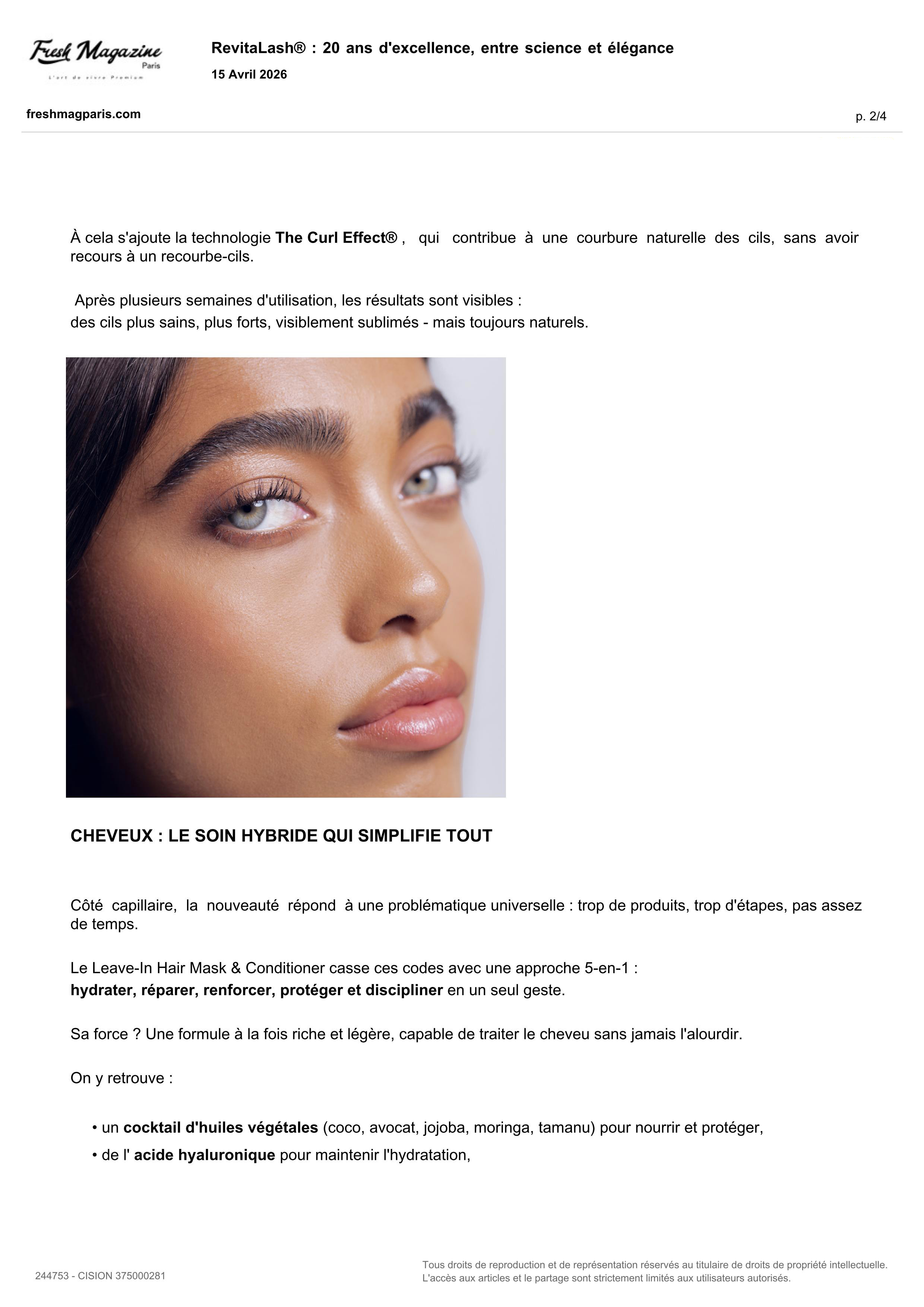 Leave-In Hair Mask & Conditioner de RevitaLash® Cosmetics paru dans Fresh Magazine - Avril 2026